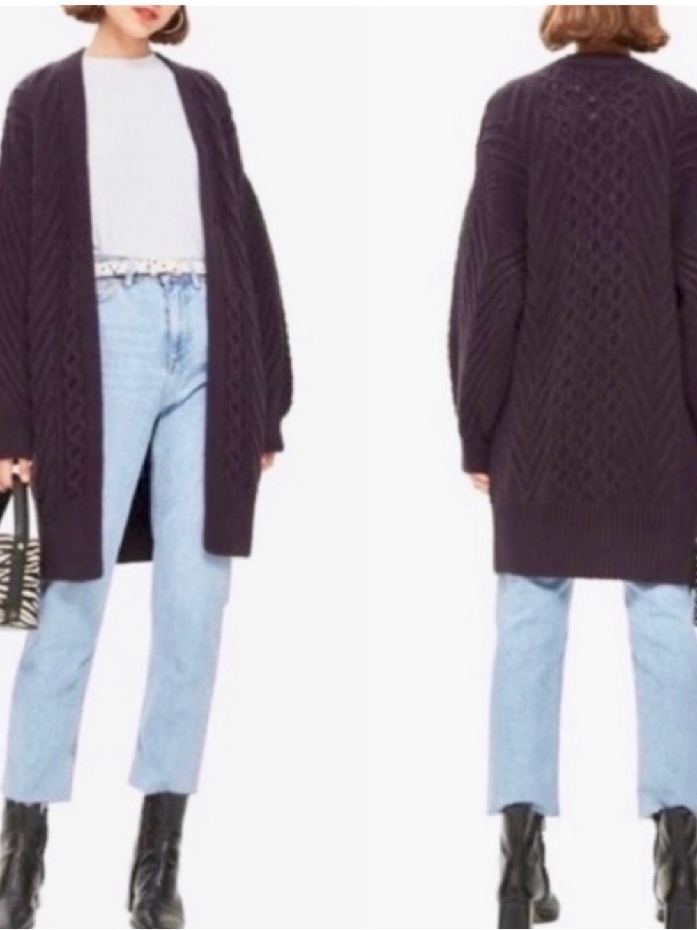 Topshop Dark Plum Cable Knit Long Open-Front Cardigan